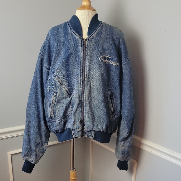 Harley-Davidson Other - HARLEY‎ DAVIDSON V-Twin Power Embroidered Denim VTG Zip Bomber Biker Jacket XL
